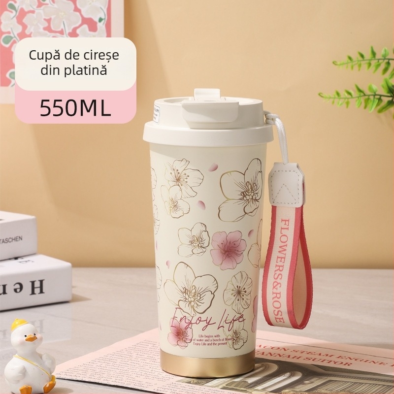 Cană izotermă Cherry Blossom din oțel inoxidabil 316, capacitate mare, cu șnur de purtare, pentru exterior