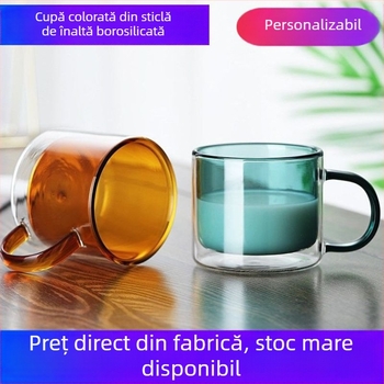 Ceașcă din sticlă borosilicat cu două straturi, cu mâner, izolată, pentru cafea și ceai, sticlă colorată, pentru utilizare casnică, cană personalizată