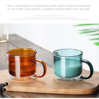 Ceașcă din sticlă borosilicat cu două straturi, cu mâner, izolată, pentru cafea și ceai, sticlă colorată, pentru utilizare casnică, cană personalizată
