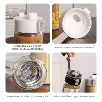 Pahar din sticlă borosilicat de înaltă rezistență cu separare ceai-apă, portabil, rezistent la temperaturi, anti-explozie, cu capac și filtru