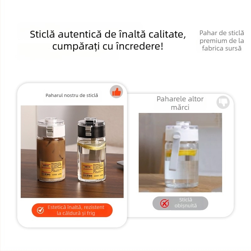 Pahar din sticlă borosilicat de înaltă rezistență cu separare ceai-apă, portabil, rezistent la temperaturi, anti-explozie, cu capac și filtru