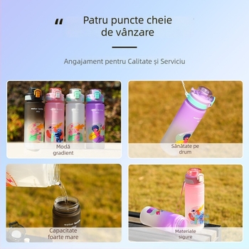 Sticlă de apă din plastic, capacitate mare, pentru activități în aer liber, cu curea de purtare, design gradient animație, băut direct