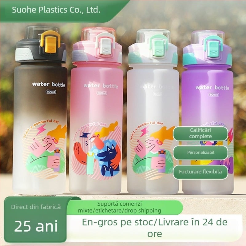 Sticlă de apă din plastic, capacitate mare, pentru activități în aer liber, cu curea de purtare, design gradient animație, băut direct