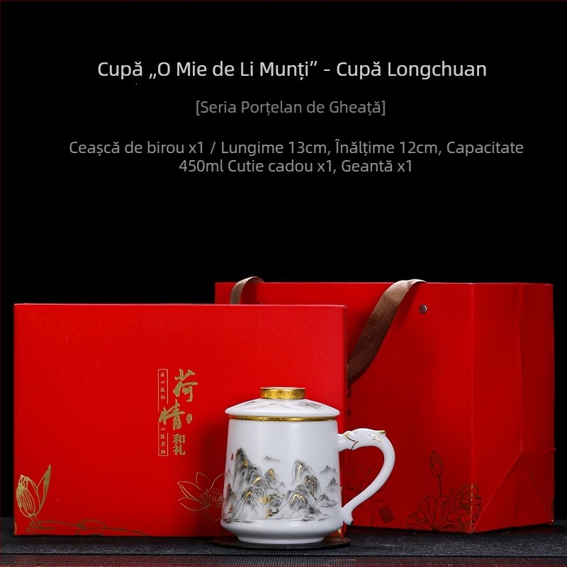 Cana de birou din porțelan alb, cu separare ceai-apă, ceașcă ceramică pentru ceai cu capac, capacitate mare