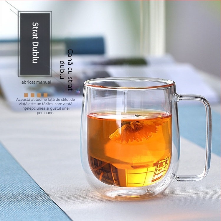 Cană din sticlă borosilicată pentru ceai cu lapte și cafea, un singur strat, transparentă, izolație termică, cu mâner, pentru casă și birou