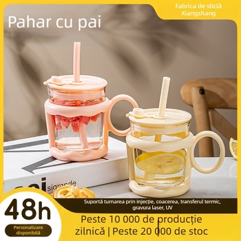 Pahar din sticlă pentru apă, stil drăguț pentru fete, ceașcă de birou pentru ceai, cu mâner rezistent la căldură
