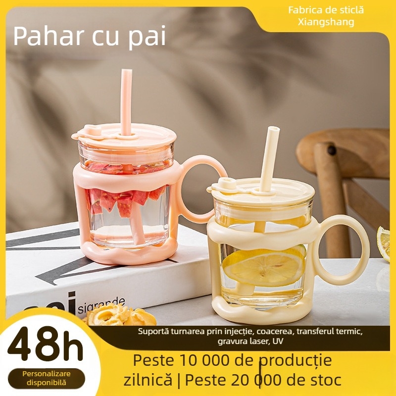 Pahar din sticlă pentru apă, stil drăguț pentru fete, ceașcă de birou pentru ceai, cu mâner rezistent la căldură
