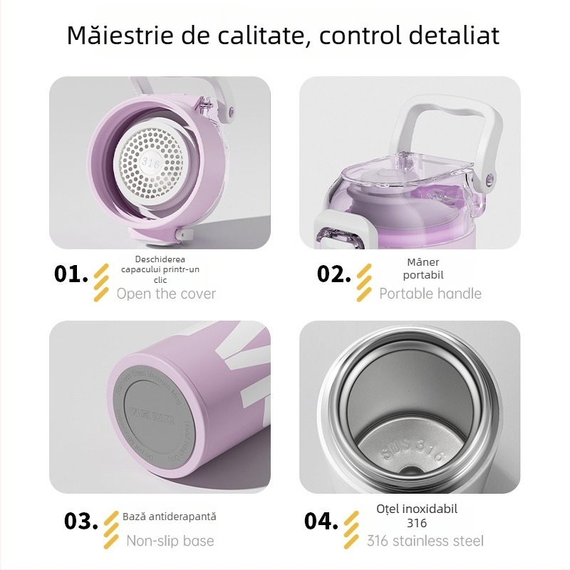 Cană izolată din oțel inoxidabil 316, capacitate mare, pentru copii și elevi, termos sport cu închidere basculantă și design creativ