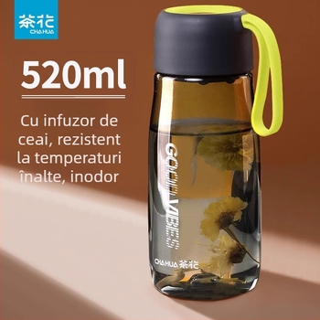 Camellia cană de ceai de 520 ml cu mâner din plastic, corp transparent, design minimalist pentru călătorii