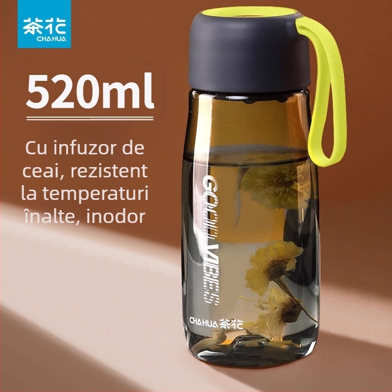 Camellia cană de ceai de 520 ml cu mâner din plastic, corp transparent, design minimalist pentru călătorii