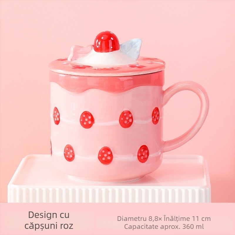 Cană ceramică drăguță, cu capac și linguriță, design cu motiv de tort, cadou ideal pentru cupluri și prieteni