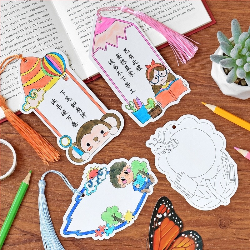 Semn de carte colorat, desen conturat manual – kit DIY semi-fabricat cu plan de pictură gol și șablon creativ pentru carduri