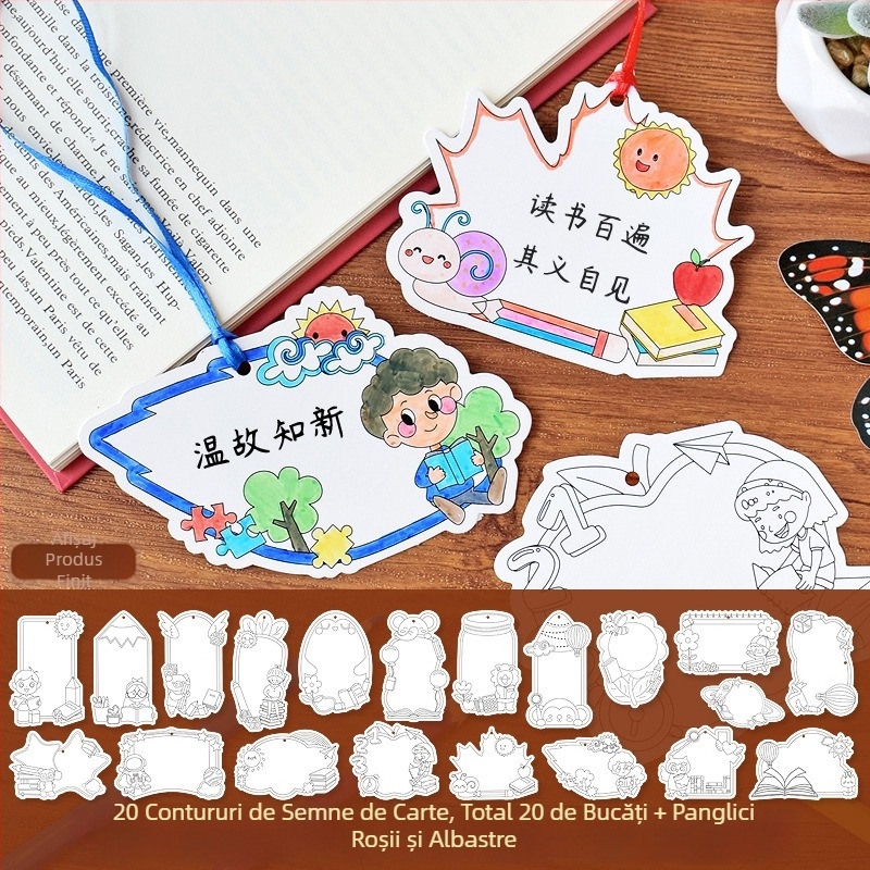 Semn de carte colorat, desen conturat manual – kit DIY semi-fabricat cu plan de pictură gol și șablon creativ pentru carduri