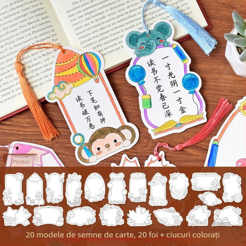 Semn de carte colorat, desen conturat manual – kit DIY semi-fabricat cu plan de pictură gol și șablon creativ pentru carduri