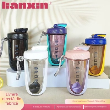 Shaker portabil pentru proteine cu mâner din frânghie, plastic alimentar, model 2025