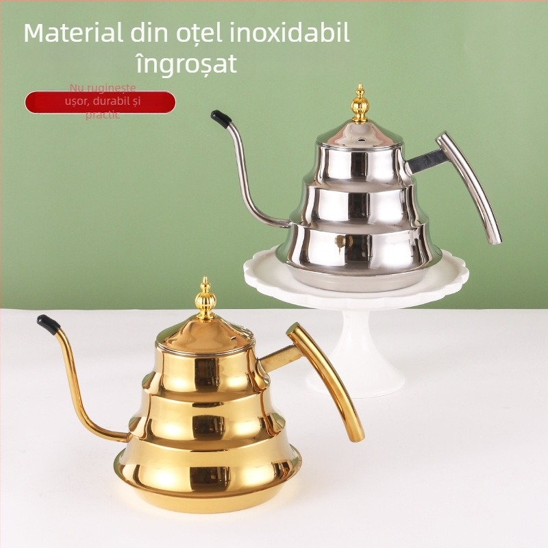 Ceainic din oțel inoxidabil cu filtru, finisaj auriu, cu design inspirat de bambus, cioc lung, pentru cafea și ceai, potrivit pentru plite cu inducție.
