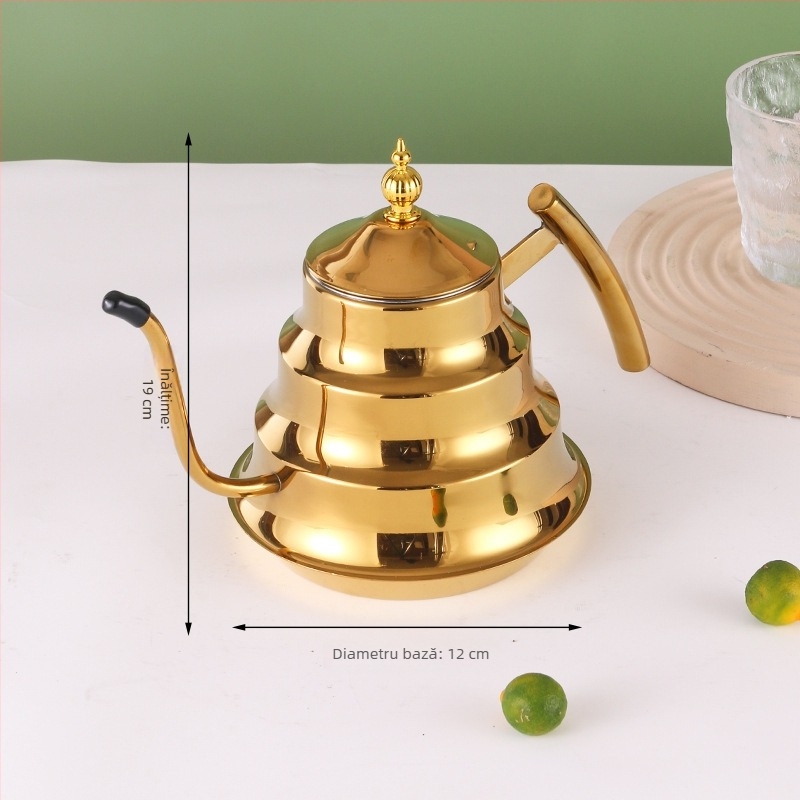 Ceainic din oțel inoxidabil cu filtru, finisaj auriu, cu design inspirat de bambus, cioc lung, pentru cafea și ceai, potrivit pentru plite cu inducție.