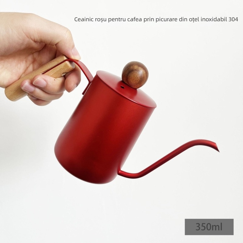 Ceainic pentru cafea pour-over cu gooseneck, din oțel inoxidabil, cioc lung și îngust, mâner din lemn masiv