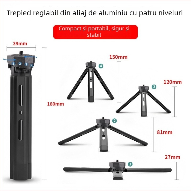 Trepied din aliaj de aluminiu, pentru telefon și cameră, trepied de birou cu patru niveluri de înălțime, trepied selfie
