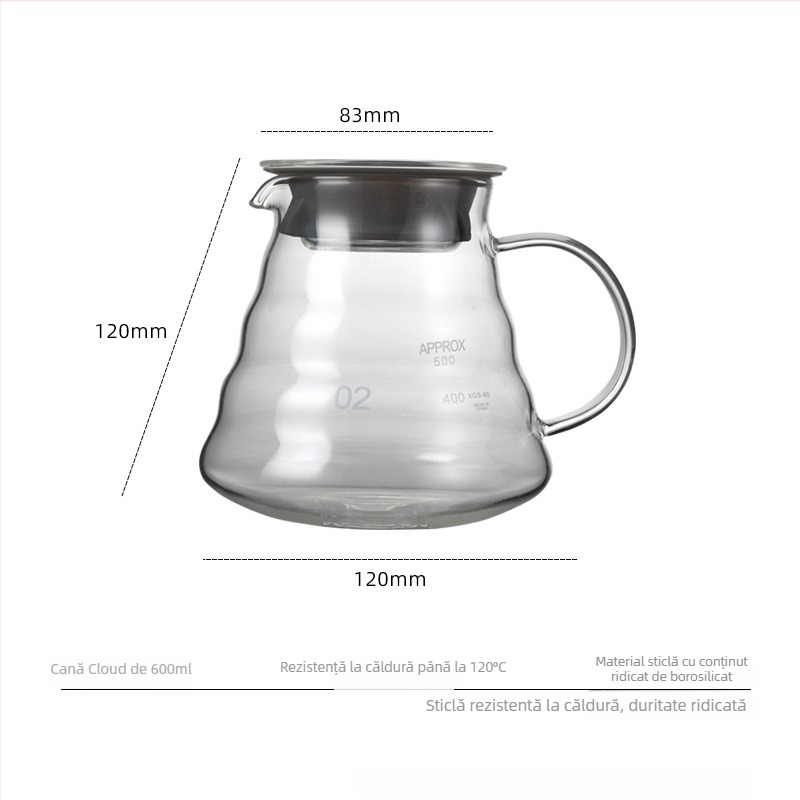 Cană de cafea din sticlă rezistentă la căldură, pentru filtru turnat manual, 360ml/600ml