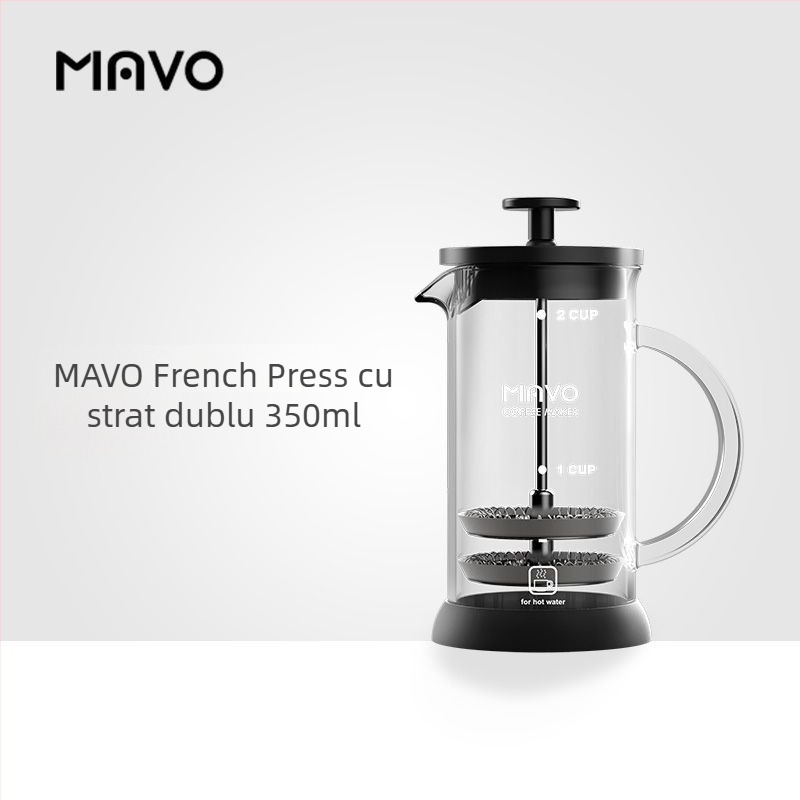 Cafetieră franceză din sticlă cu filtru dublu