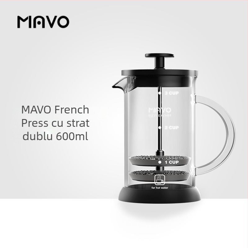 Cafetieră franceză din sticlă cu filtru dublu