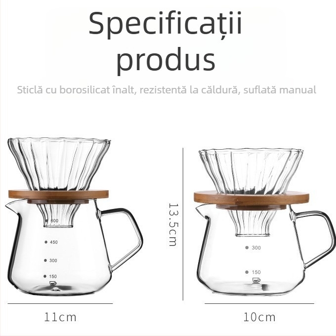 Set din sticlă pentru cafea turnată, cu filtru și scară de măsură