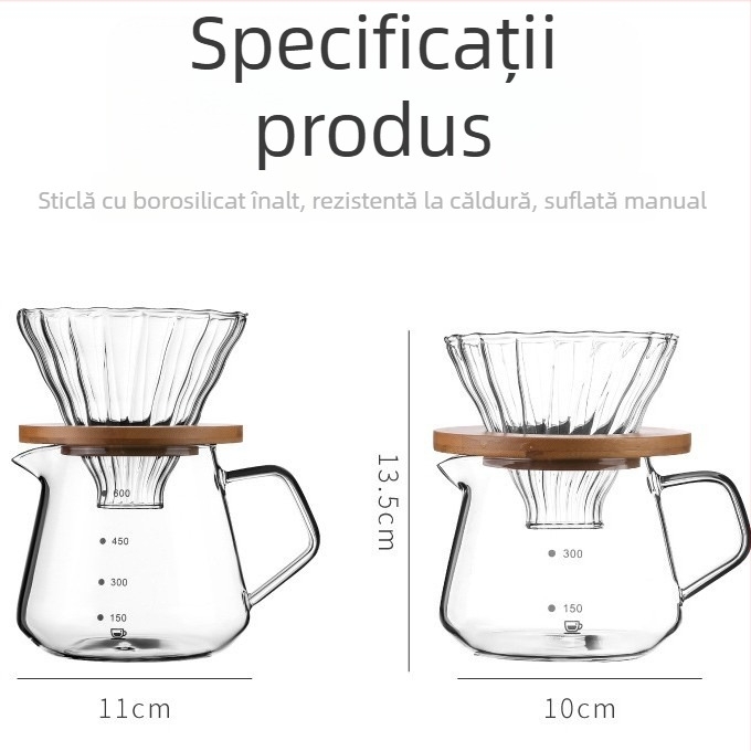 Set din sticlă pentru cafea turnată, cu filtru și scară de măsură