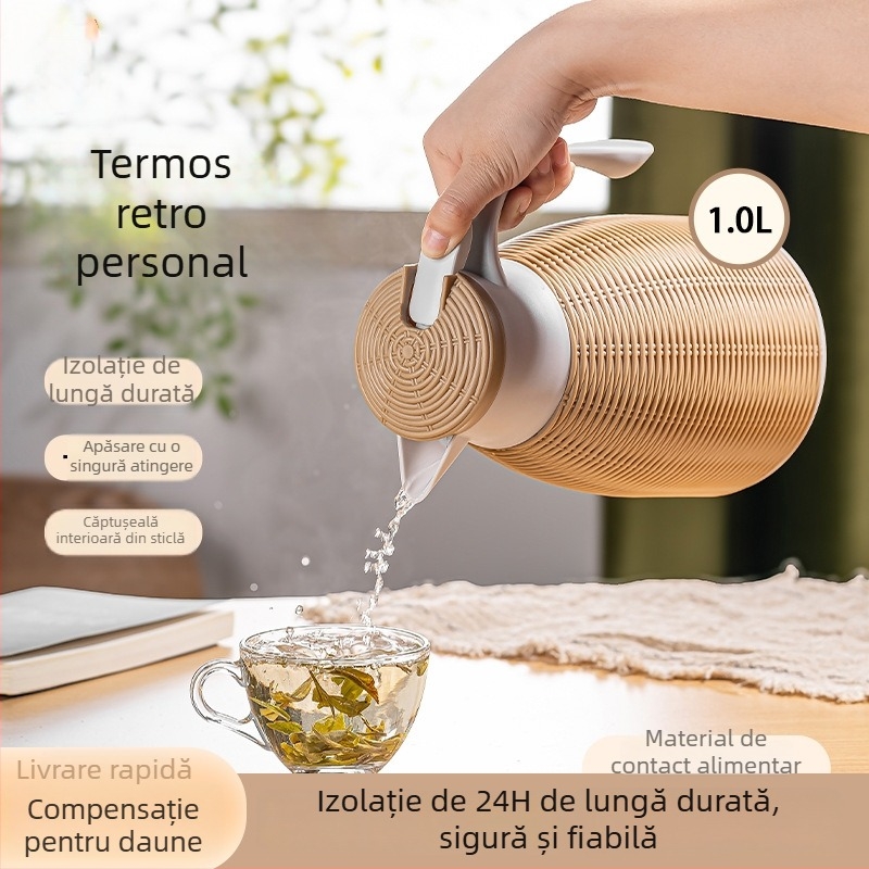 Ceainic izolat din bambus împletit, retro, cu interior din sticlă dublu-strat; apă fierbinte pentru casă și birou; oală pentru cafea și ceai.