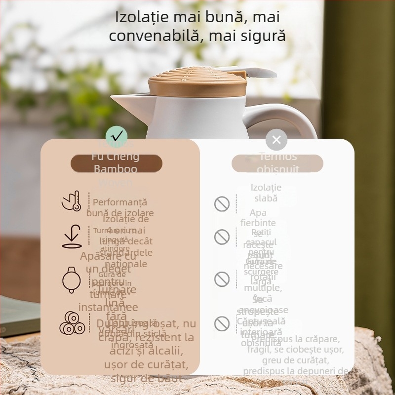 Ceainic izolat din bambus împletit, retro, cu interior din sticlă dublu-strat; apă fierbinte pentru casă și birou; oală pentru cafea și ceai.