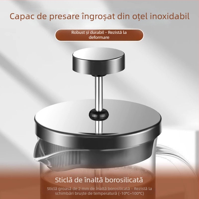 Cafetieră cu presă franțuză, design ceainier, filtru manual, spumator de lapte multifuncțional