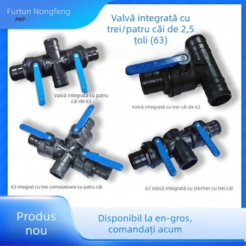 Linie principală de irigare prin picurare, diametru 2,5 inch, cu racord de 3 căi și supapă încorporată de 4 căi