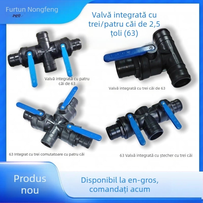 Linie principală de irigare prin picurare, diametru 2,5 inch, cu racord de 3 căi și supapă încorporată de 4 căi
