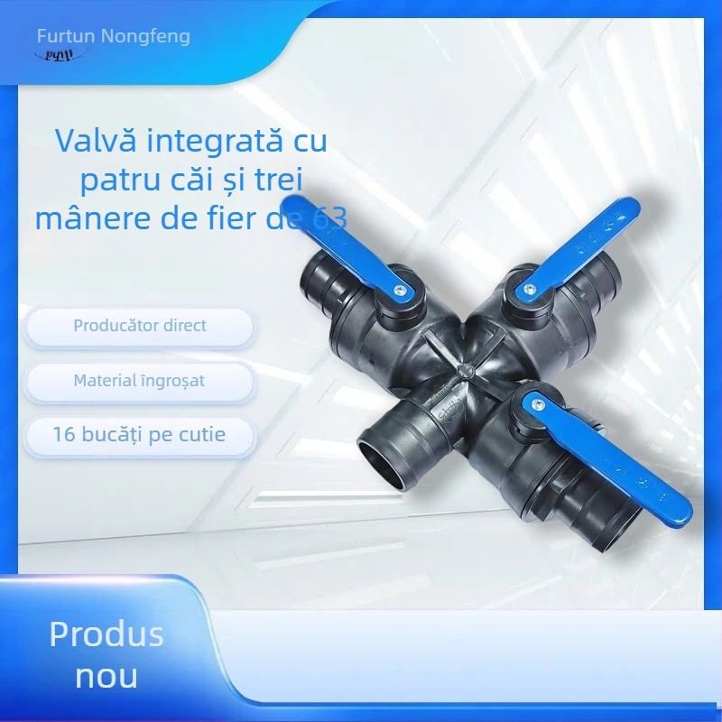 Linie principală de irigare prin picurare, diametru 2,5 inch, cu racord de 3 căi și supapă încorporată de 4 căi