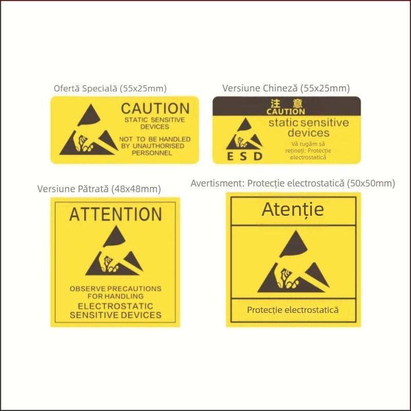 CAUTINO Etichetă de avertizare ESD – etichetă adezivă galbenă pentru sigilarea hard disk-ului (48x48mm, 50x15mm, 55x25mm)
