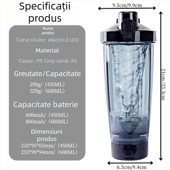 Shaker electric automat, multifuncțional, 600 ml, pentru sport și pudră proteică