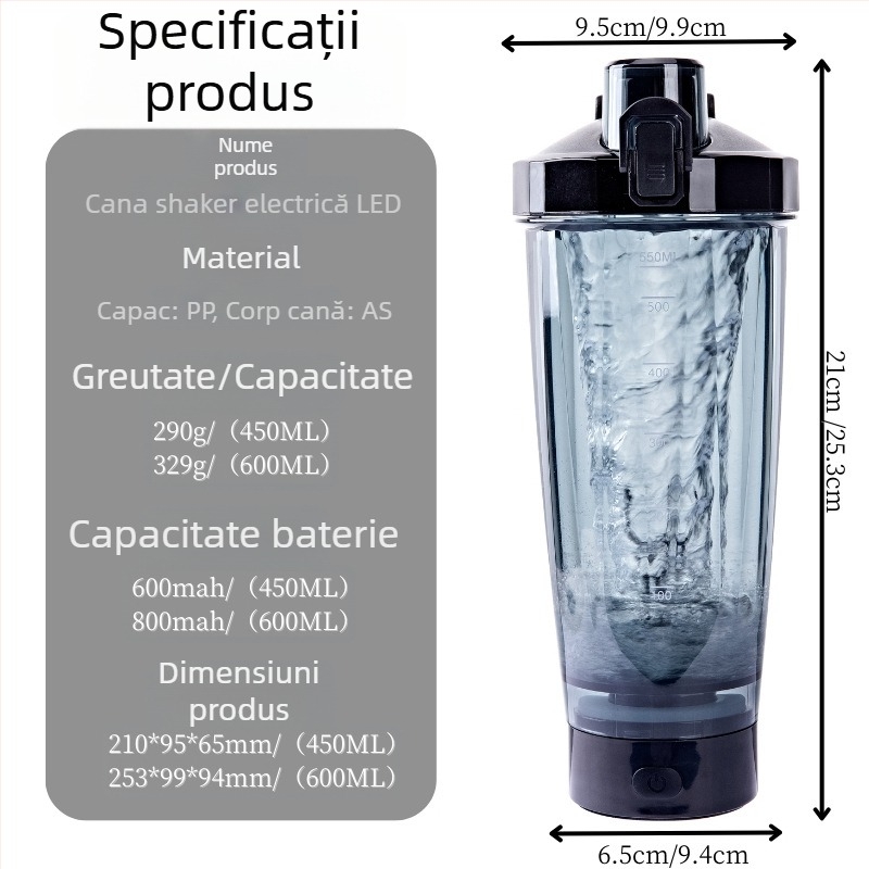 Shaker electric automat, multifuncțional, 600 ml, pentru sport și pudră proteică