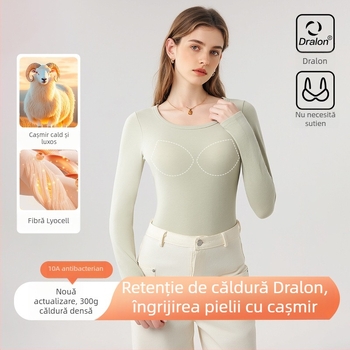 Top de bază din cașmir pentru femei, cu pernă pentru sân, dublu strat, guler rotund, mâneci lungi, antibacterian, cald, fără sutien, toamnă-iarnă, 10A