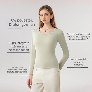 Top de bază din cașmir pentru femei, cu pernă pentru sân, dublu strat, guler rotund, mâneci lungi, antibacterian, cald, fără sutien, toamnă-iarnă, 10A