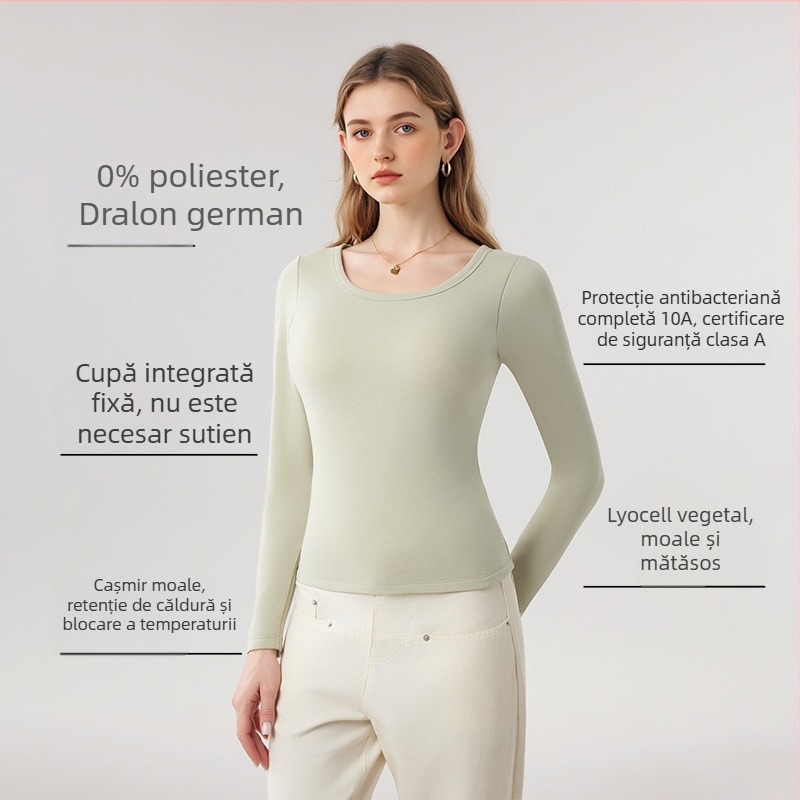 Top de bază din cașmir pentru femei, cu pernă pentru sân, dublu strat, guler rotund, mâneci lungi, antibacterian, cald, fără sutien, toamnă-iarnă, 10A