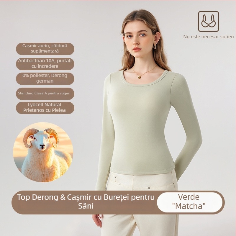 Top de bază din cașmir pentru femei, cu pernă pentru sân, dublu strat, guler rotund, mâneci lungi, antibacterian, cald, fără sutien, toamnă-iarnă, 10A