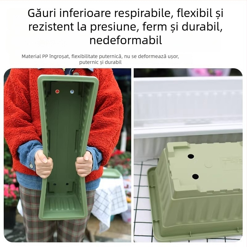 Ghiveci dreptunghiular din plastic, cu pereți groși, diametru mare, dimensiune extra-large, pentru balcon și curte; tavă de flori din rășină