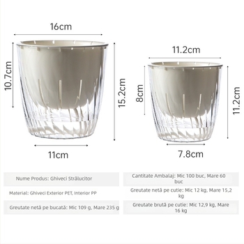 Ghiveci de birou transparent, auto-udare, mic, cu pereți groși, pentru interior