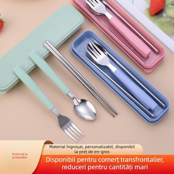 Set portabil de tacâmuri din oțel inoxidabil, stil coreean — lingură, furculiță și bețișoare, trei piese