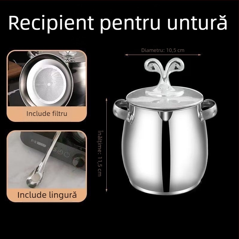 Oală pentru untură cu două mânere, capac și filtru, oțel inoxidabil, rezistentă la temperaturi ridicate, capacitate mare, pentru uz casnic