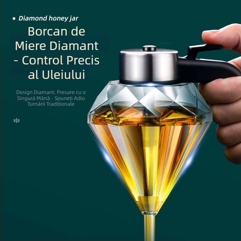 Borcan de miere din sticlă, cu capac etanș și dozator prin apăsare, pentru depozitare alimentară