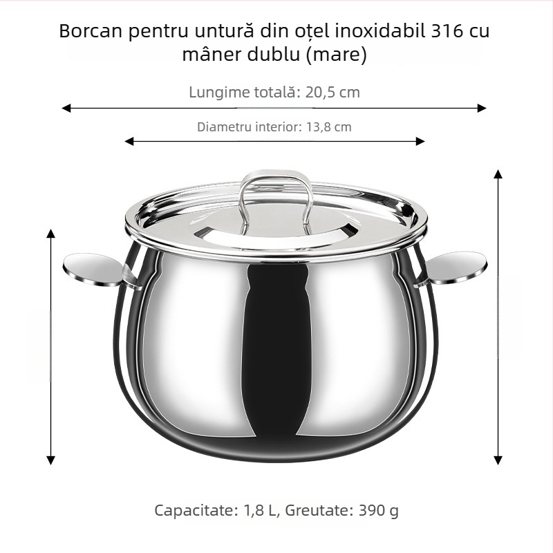 Recipient din oțel inoxidabil 316 pentru untură, cu două mânere, bucătărie – depozitare și filtrare a uleiului