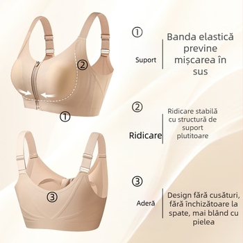 Sutien fără cusături cu fermoar frontal, subțire, susține și adună sânul lateral