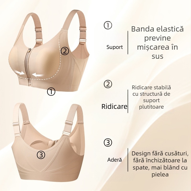Sutien fără cusături cu fermoar frontal, subțire, susține și adună sânul lateral