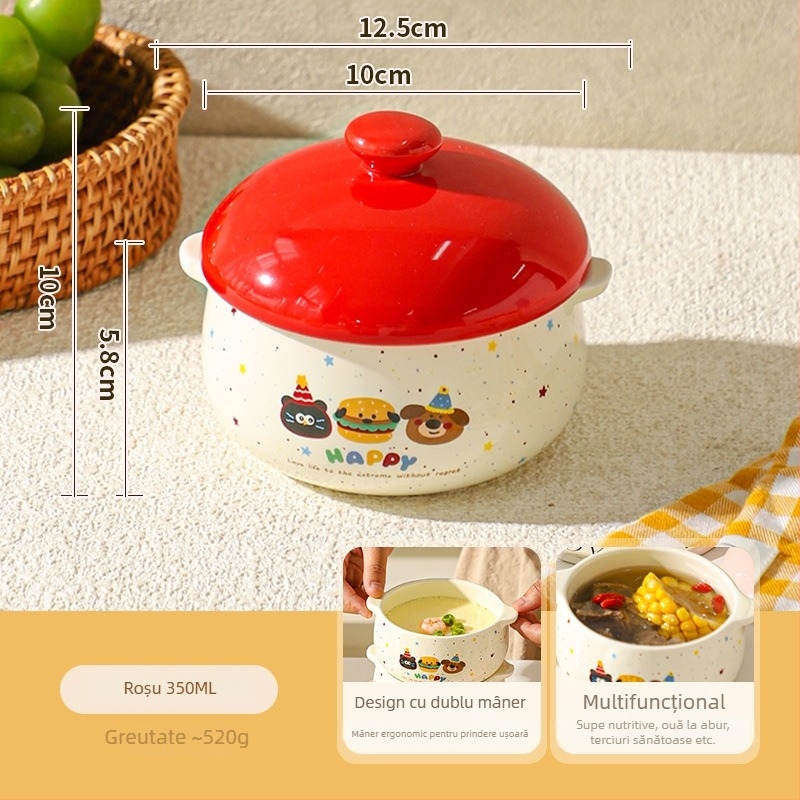 Boluri ceramice cu capac pentru aburirea ouălor, pentru bain-marie și supă, veselă drăguță pentru copii